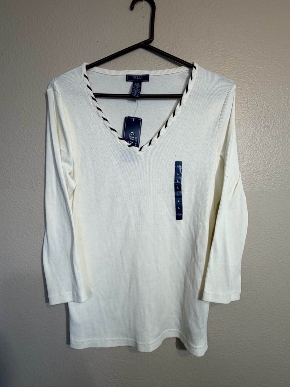 Chaps Cream V-Neck Knit Top with Braided Trim